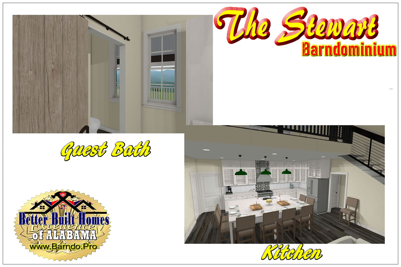 STEWART BARNDOMINIUM 3D RENDERED IMAGES OF THE KITCHEN and GUEST BATH BUILT BY BETTER BUILT HOMES OF ALABAMA Barndo Pro