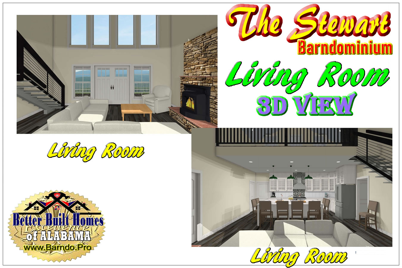 STEWART BARNDOMINIUM 3D RENDERED IMAGES OF THE LIVING ROOM BUILT BY BETTER BUILT HOMES OF ALABAMA Barndo Pro
