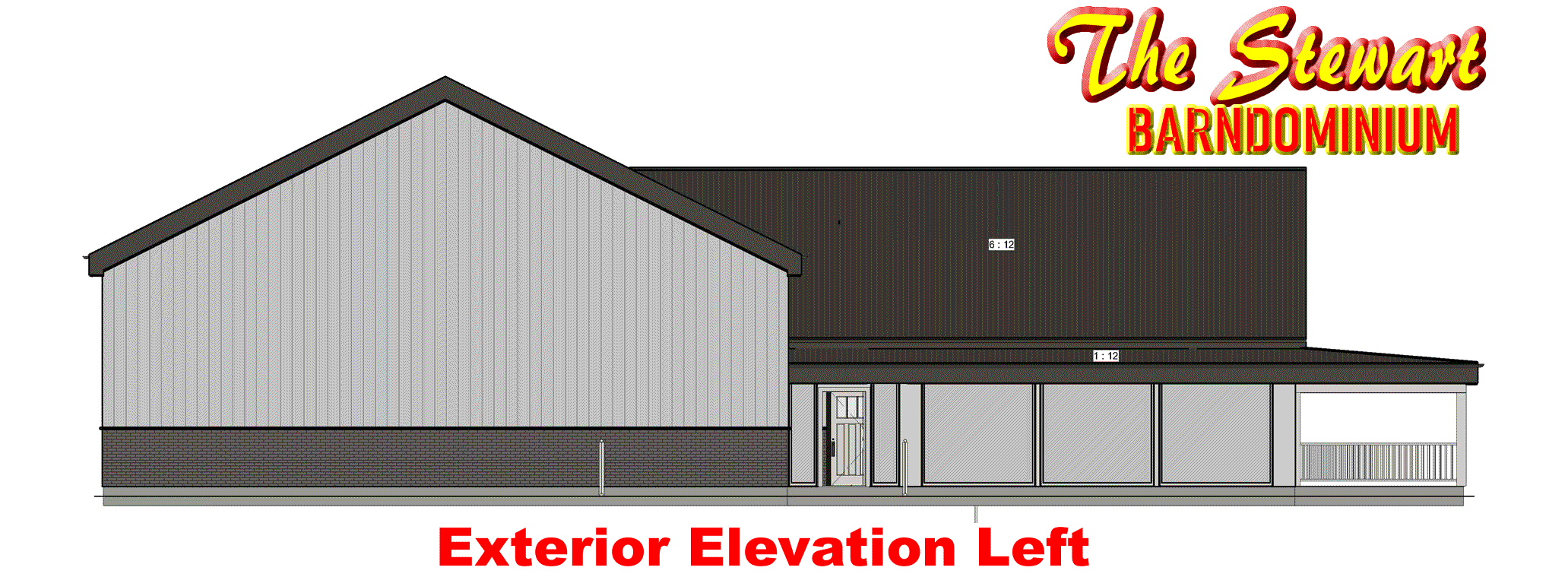 Stewart Barndominium Exterior LEFT VIEW contact Barndo Pro for more info