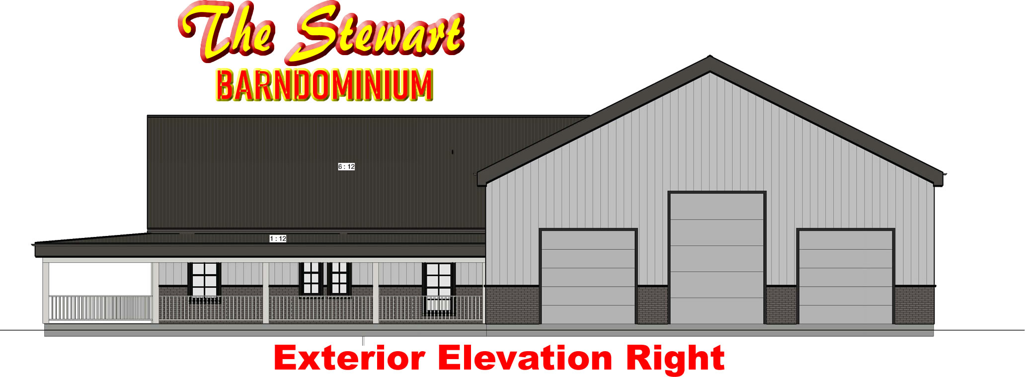 Stewart Barndominium Exterior RIGHT VIEW contact Barndo Pro for more info